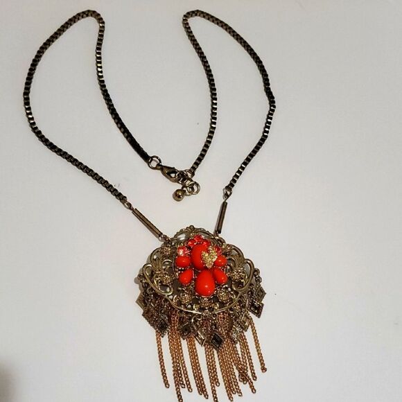 Vintage Jewelry - Vintage 80's Art Deco Nouveau Boho Coral Colored Gold Necklace South Western